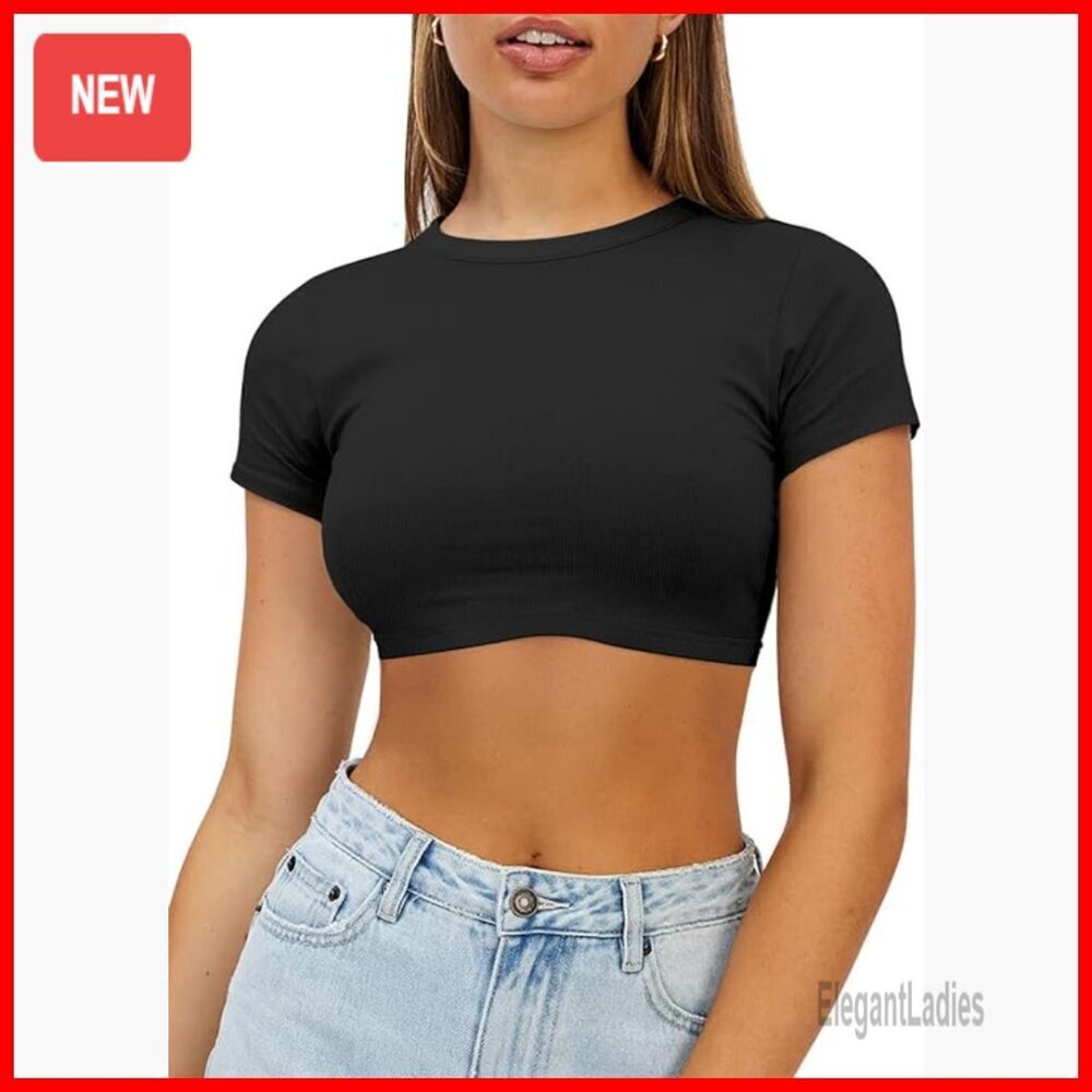 Crop Top Short Sleeve Ribbed Knit Slim Fit Tee Casual Summer Blouse